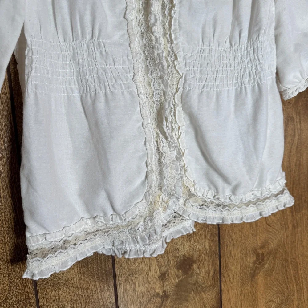 Central Park West White Cotton/Silk Blouse Lace Trim Top Boho Prairie Cottage S - Picture 2 of 7